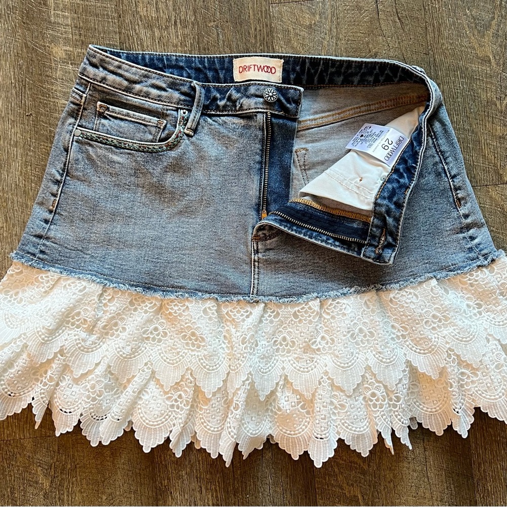 Driftwood For Free People Denim Skirt with White Lace Trim